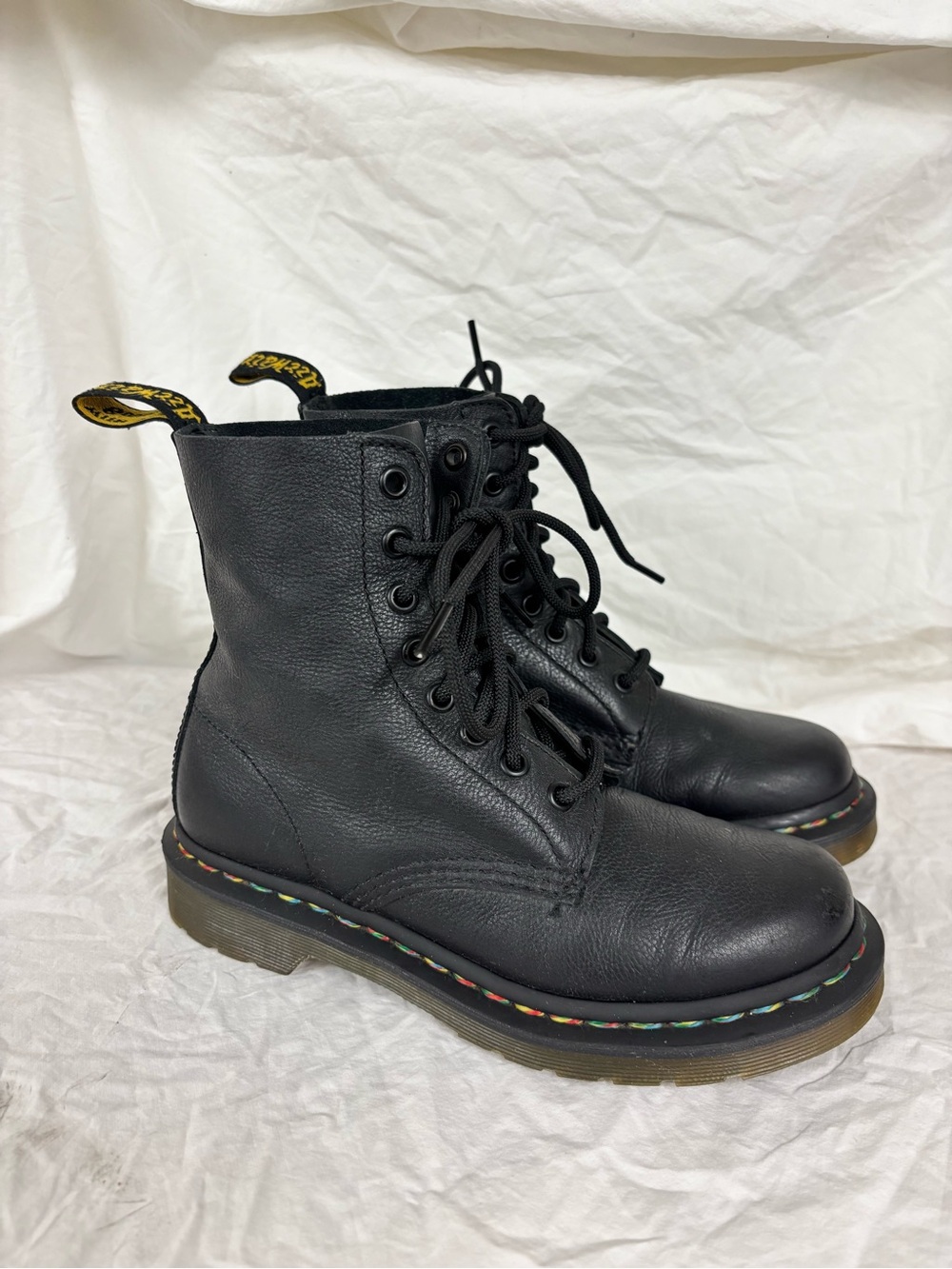 Dr. Martens Rainbow Stitching on Black Leather Lace-Up Boots | Women’s Size 6